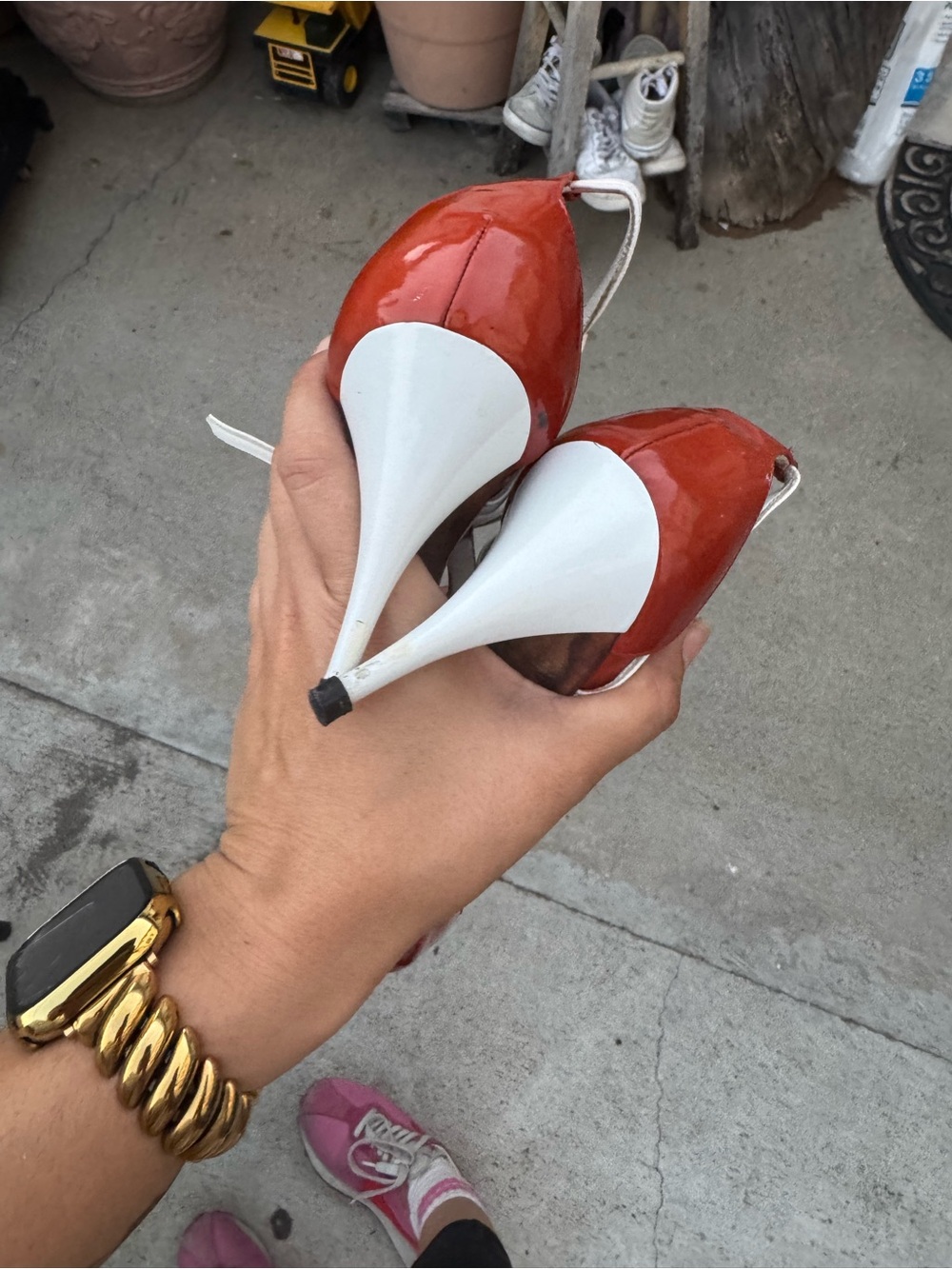 CHANEL Red and White Patent Peep-Toe Heels with CC Medallion - Picture 9 of 11
